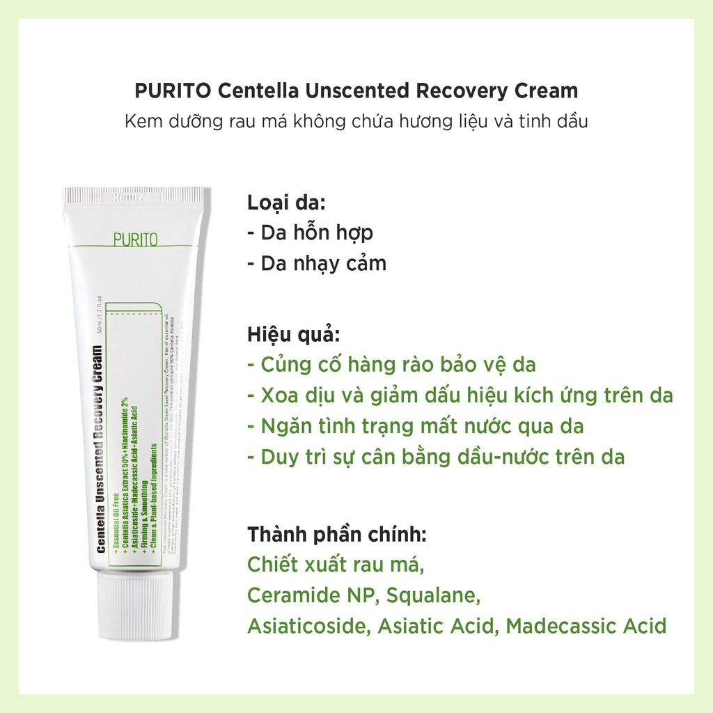 Kem dưỡng chiết xuất rau má không hương liệu PURITO Centella Unscented Recovery Cream