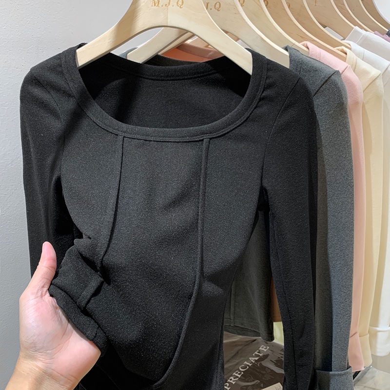 Women's fleece warm slim U-collar long-sleeved base shirt T-shirt