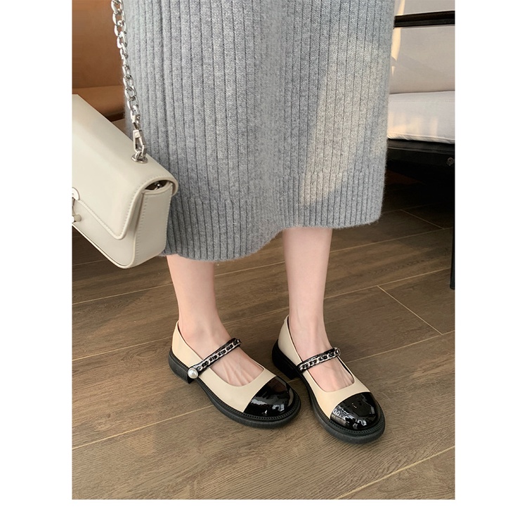 Giày Búp Bê Một Dây Đính Ngọc Trai Màu Sắc Retro Dành Cho Nữ