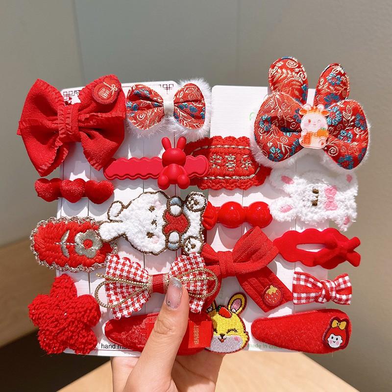 PVN56680 Set 9 Kẹp Tóc Hình Nơ Thêu Họa Tiết Phong Cách Trung Hoa Mừng Năm Mới Cho Bé Gái