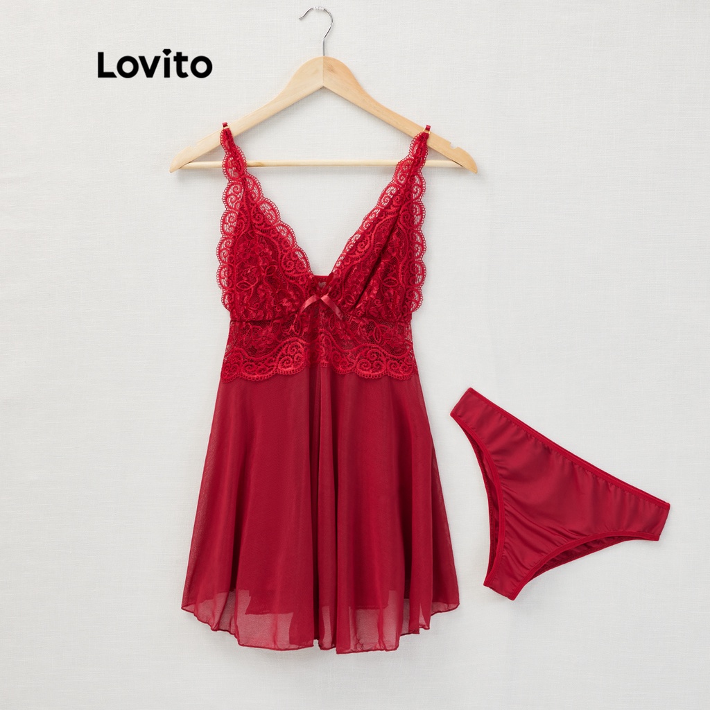 Đồ lót sexy Lovito phối ren lưng cao cổ chữ V sâu L17X059 (màu hồng/ đỏ) | BigBuy360 - bigbuy360.vn