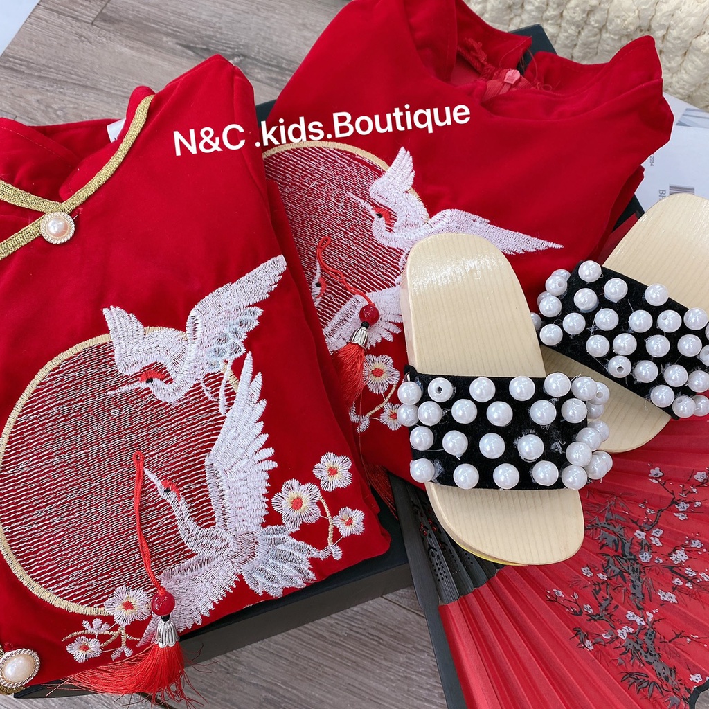 Áo dài cách tân cho bé trai, bé gái  chất liệu nhung cao cấp hongvybaby