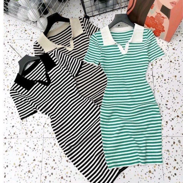 Đầm body nữ tay ngắn phối màu sọc ngang chất thun gân kiểu cổ bẻ dáng ngắn cực hot