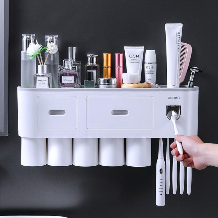 Bộ Nhả Kem Đánh Răng Tự Động Thông Minh , Hộp Đựng Chải Đánh Răng Dán Tường Cao Cấp OENON