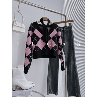Áo len trám hồng đen cổ v choker