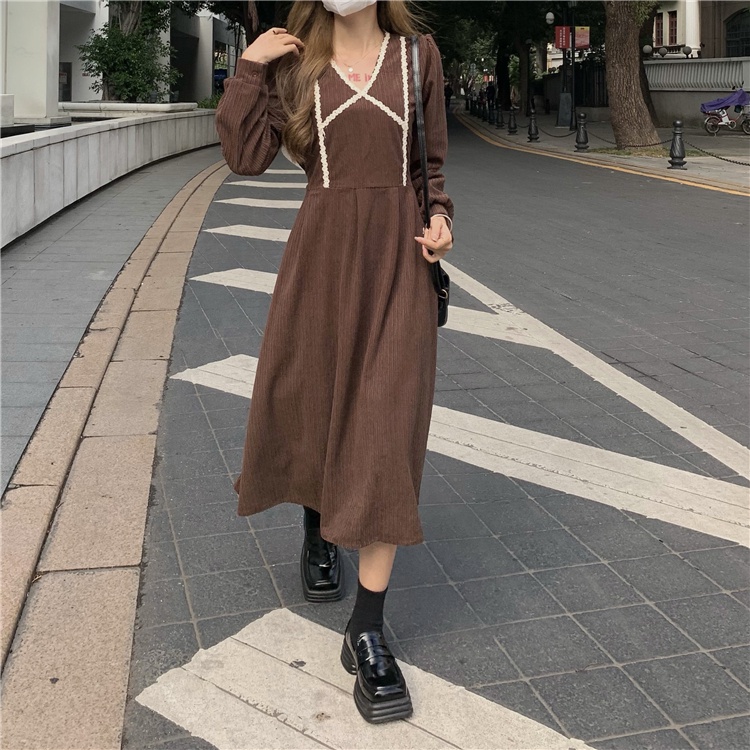 Đầm SUXI vải nhung kẻ dáng chữ A tay dài phong cách vintage thời trang thu đông dành cho nữ