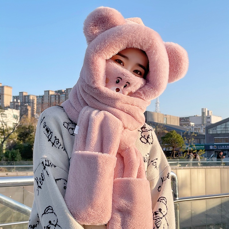 Set Mũ + Khăn Choàng Cổ + Găng Tay + Yếm Ăn Có Nón Hình Gấu Dễ Thương Cho Bé