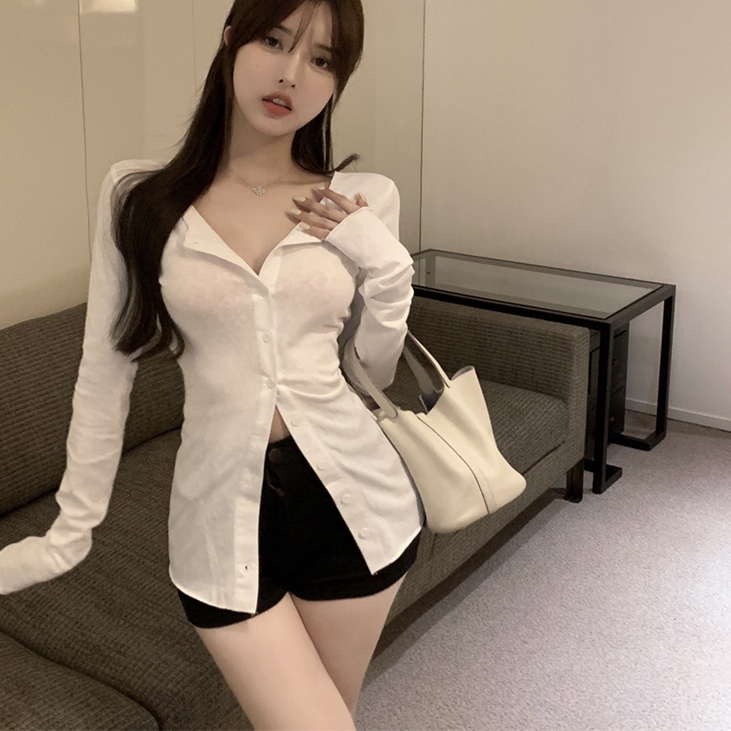 Áo Thun Tay Dài Cổ Chữ V Dáng Ôm Phong Cách Vintage Dành Cho Nữ