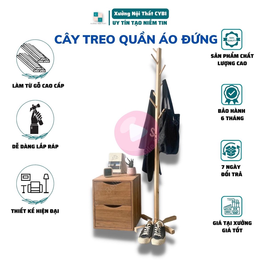 Cây Treo Quần Áo Đứng Gỗ Thông, Móc Quần Áo Gỗ Thiết Kế Lắp Ráp Hiện Đại.