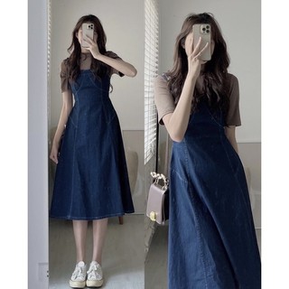 Váy yếm denim viền chỉ dáng dài vydvcd
