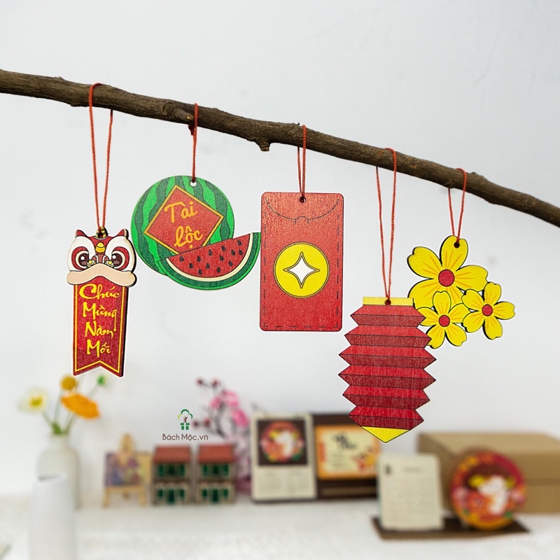 Tết 2023 - Combo 10 phụ kiện trang trí cây đào/ cây mai tết bằng gỗ