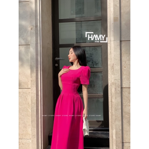 Đầm Cổ Tròn Tay Nhún Eo