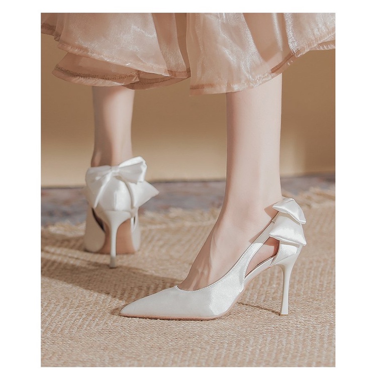 Giày Cao Gót Mũi Nhọn Đính Nơ Xinh Xắn Thời Trang