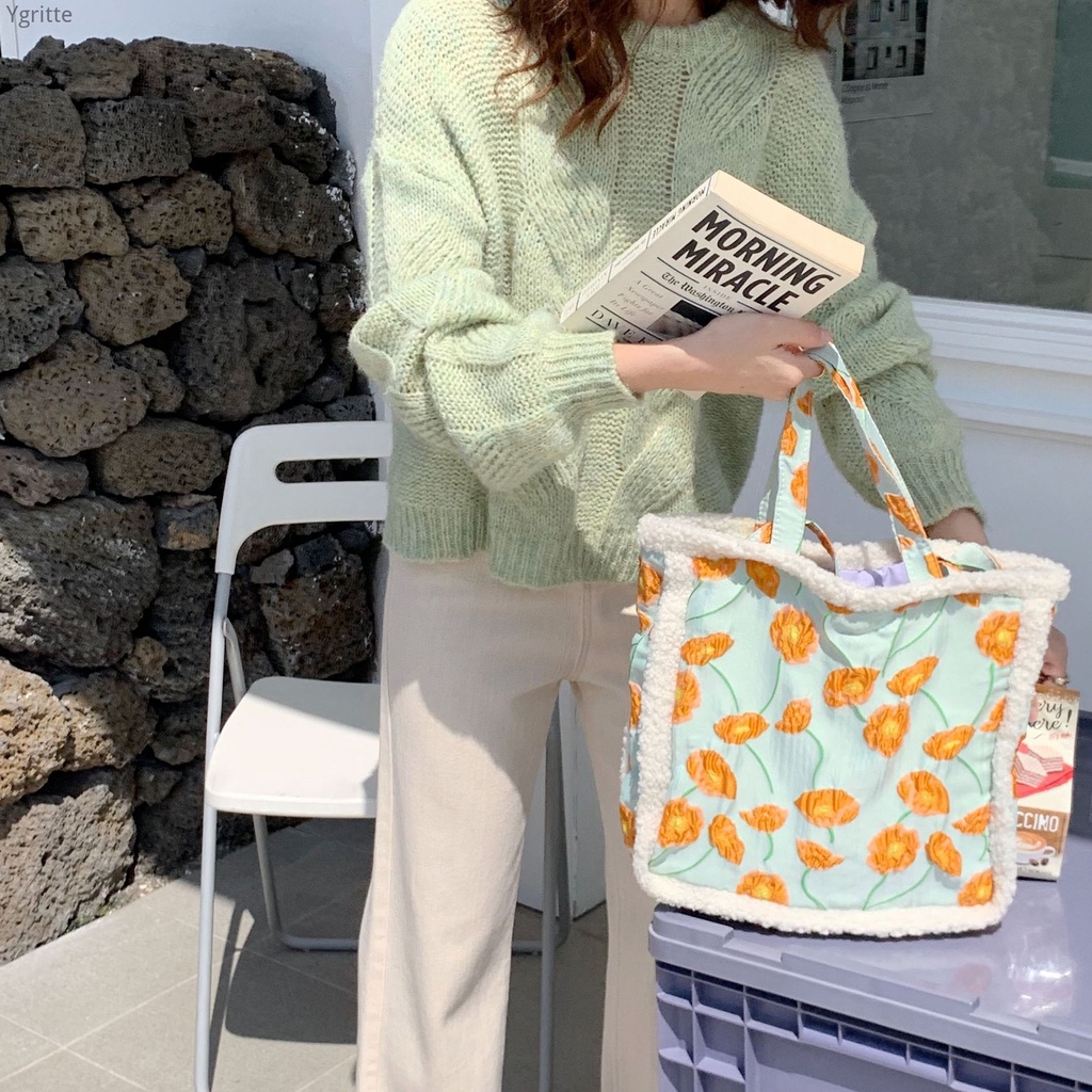Túi Tote Đeo Vai Bằng Vải Len Lông Cừu Sức Chứa Lớn Hình Hoa calla lily Phong Cách Hàn Quốc Thời Trang Thu Đông Dành Cho Thanh Thiếu Niên