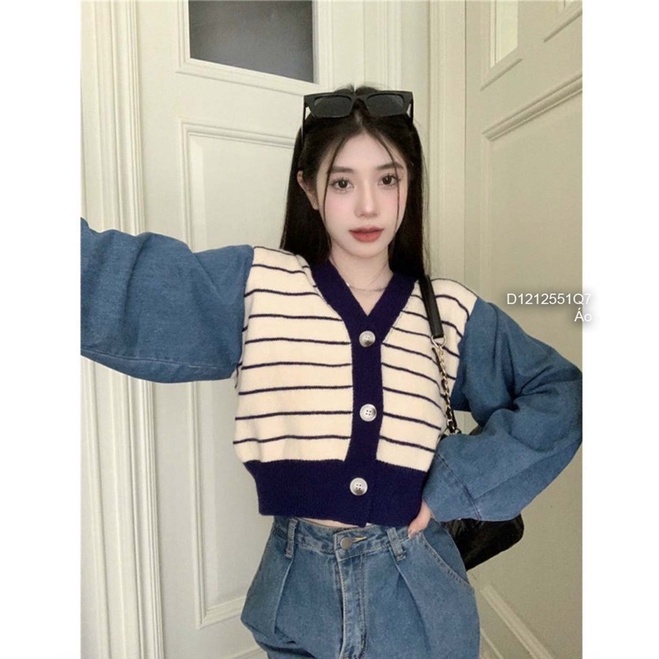 Áo len nữ sọc croptop tay dài phối jeans kiểu dáng thời trang VIENS STORE