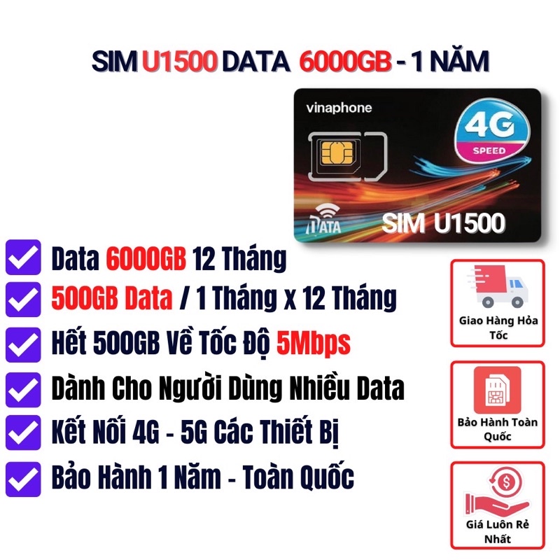 Sale Sim U1500 Giá Gốc , Data 6000GB Tốc Độ Cao , Không Giới Hạn Data Truy Cập Tốc Độ Thường , Bảo Hành 12 Tháng