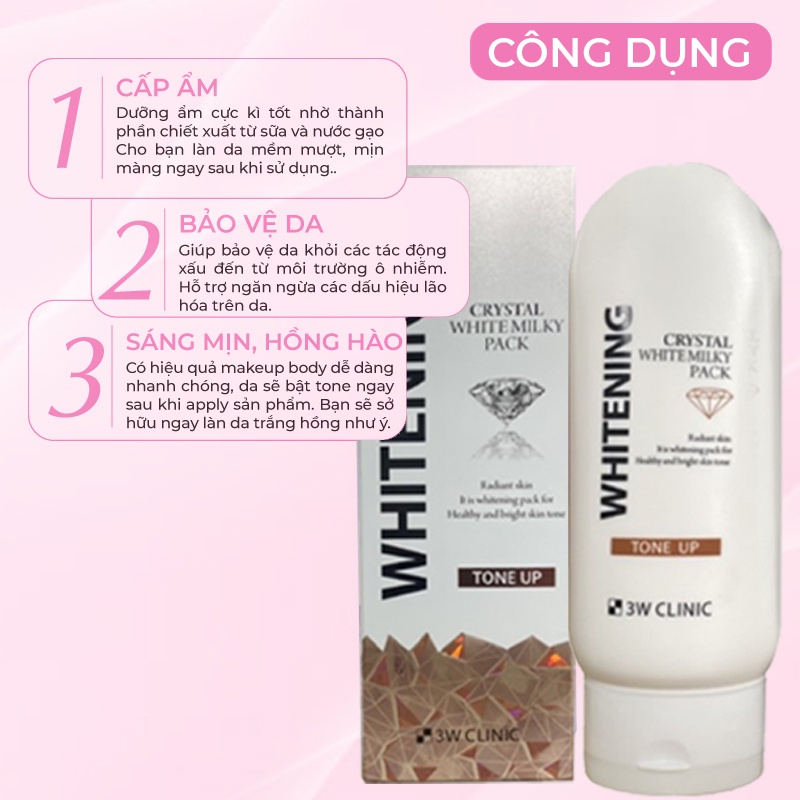 Kem Ủ Trắng Body Nâng Tone 3W Clinic Hàn Quốc Crystal White Milky Body Lotion giúp trắng da và dưỡng ẩm 200ml