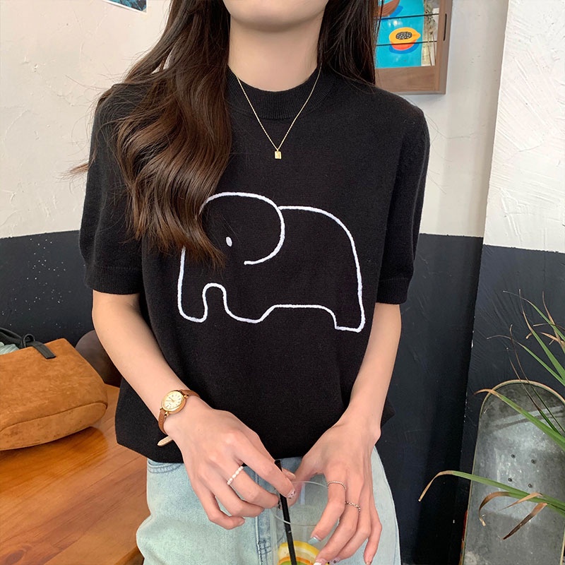 Áo Dệt Kim Tay Ngắn Dáng Ôm Thêu Họa Tiết Chú Voi Hoạt Hình Phong Cách Hàn Quốc Thời Trang Cho Nữ