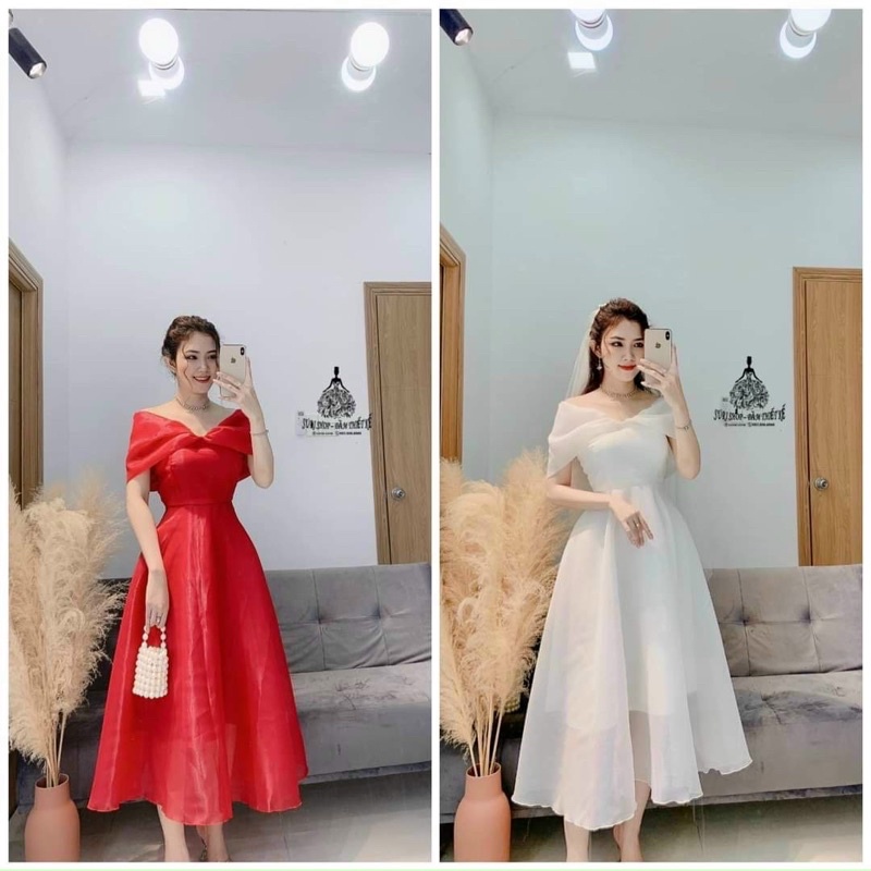 HH Đầm thời trang nữ mặc đi chơi chất voan tơ cao cấp trễ vai nơ to váy xoè qua gối maxi đỏ và trắng