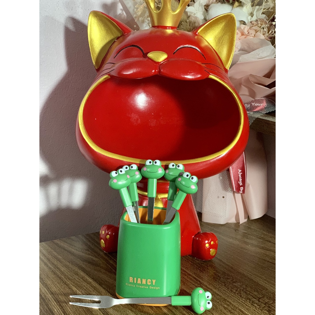 Set 6 nĩa ăn trái cây bằng thép không gỉ, hình dáng dễ thương+đế đựng chắn chắc phù hợp cho nhà bếp