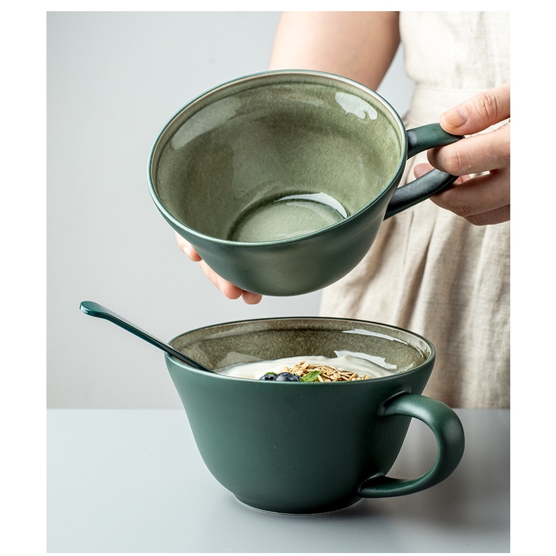 Cốc sứ miệng rộng, ly sứ ăn ngũ cốc men xanh lục cao cấp 500ml tặng kèm thìa