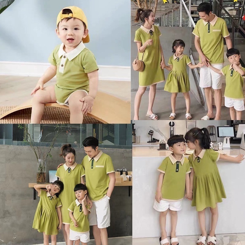 mẫu mới năm 2023 Đồ gia đình quần áo cặp 4 người Áo sơ mi Polo Đầm liền cho mẹ và con gái Áo liền quần
