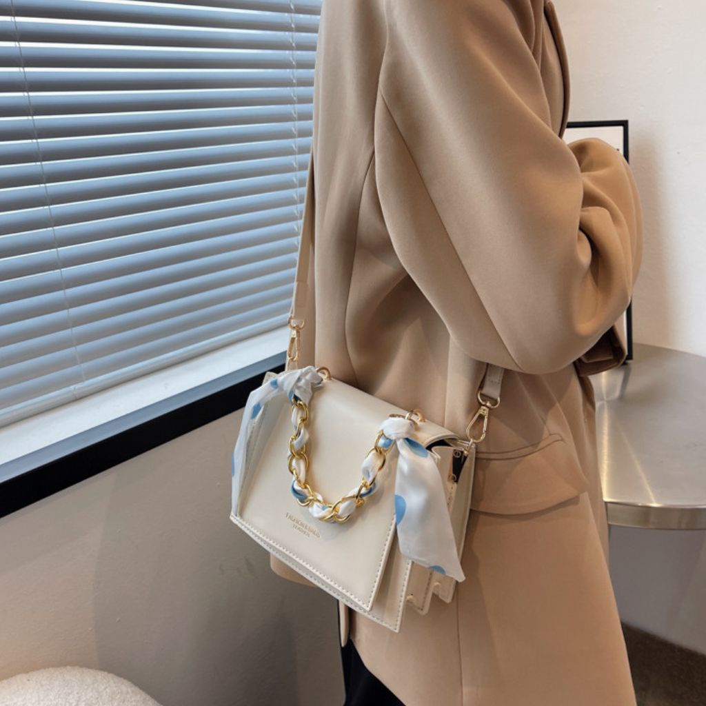 Túi Đeo Chéo, Túi Xách Nữ 2 Ngăn Dây Xích Ngọc Phối Nơ Đi Chơi Sang Trọng, Chất Da PU Cao Cấp