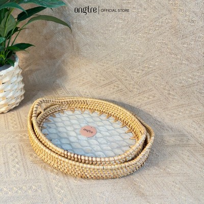 Khay Mây Khảm Trai Bầu Dục ONGTRE - Khay Đựng Đồ Đa Năng, Khay Decor Cao Cấp, Khay Phục Vụ Nhà Hàng, Khách Sạn
