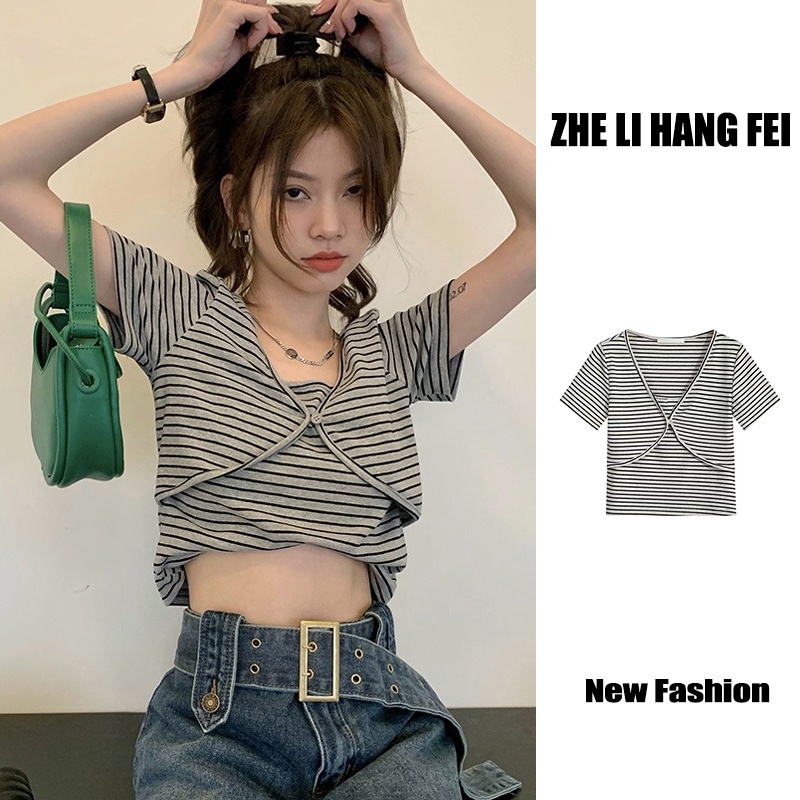 Áo thun ZHELIHANGFEI tay ngắn giả hai lớp phong cách quyến rũ
