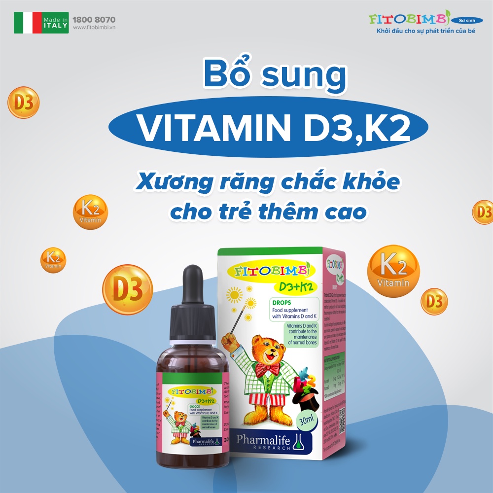 Vitamin FITOBIMBI D3+K2 Dạng Nhỏ Giọt Dễ Dùng, Giúp Bé Tăng Chiều Cao, Xương Chắc Khỏe Chai 30ml