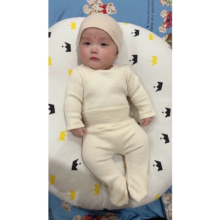 Body dài tay Cotton gân kèm mũ thêu gấu Hàn Quốc cho bé
