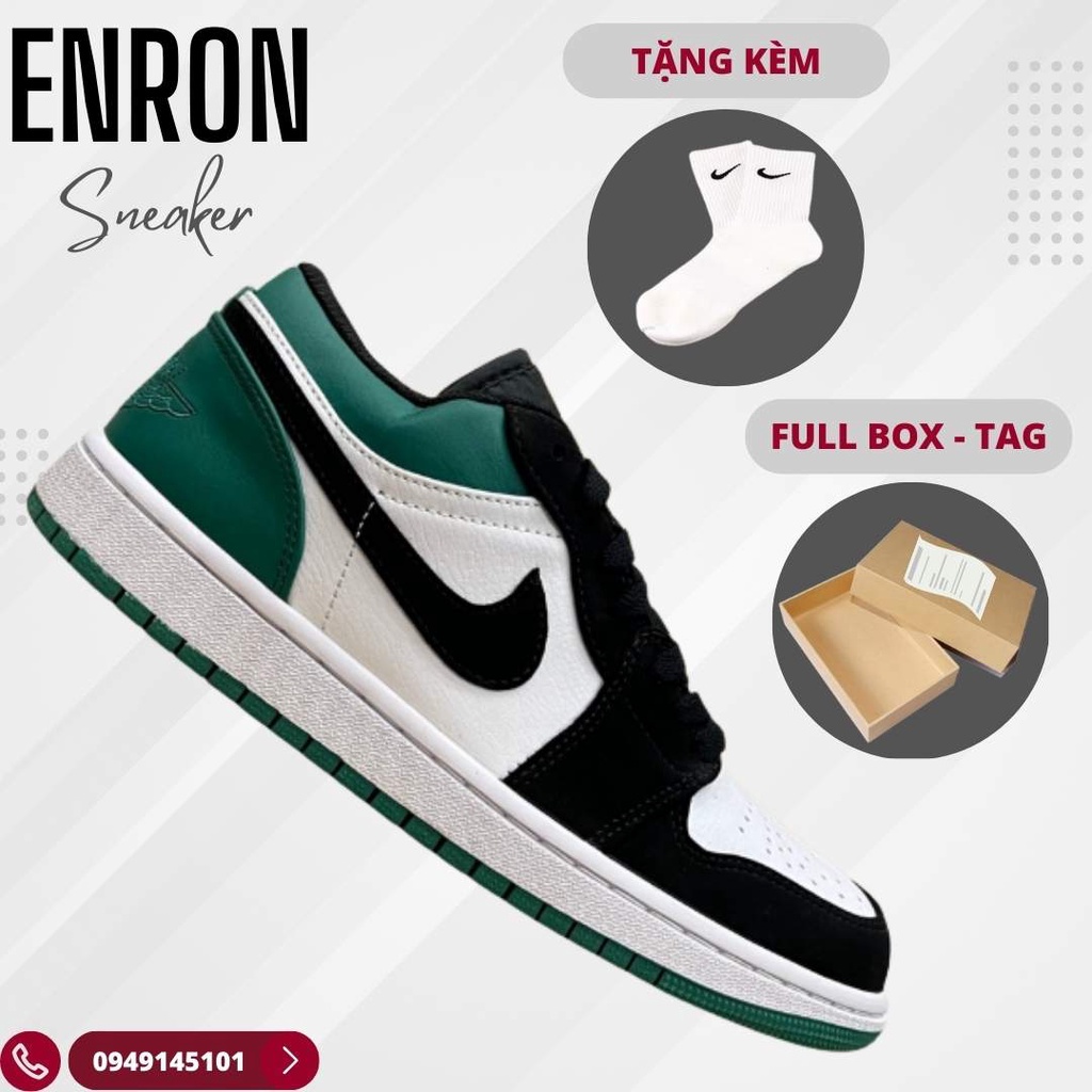 Giày Sneaker Nike Air Jordan 1 Low White Black Green, Giày Thể Thao Nam Nữ JD1 Thấp Xanh Lá Đen,Full Box + Free Tất Nike