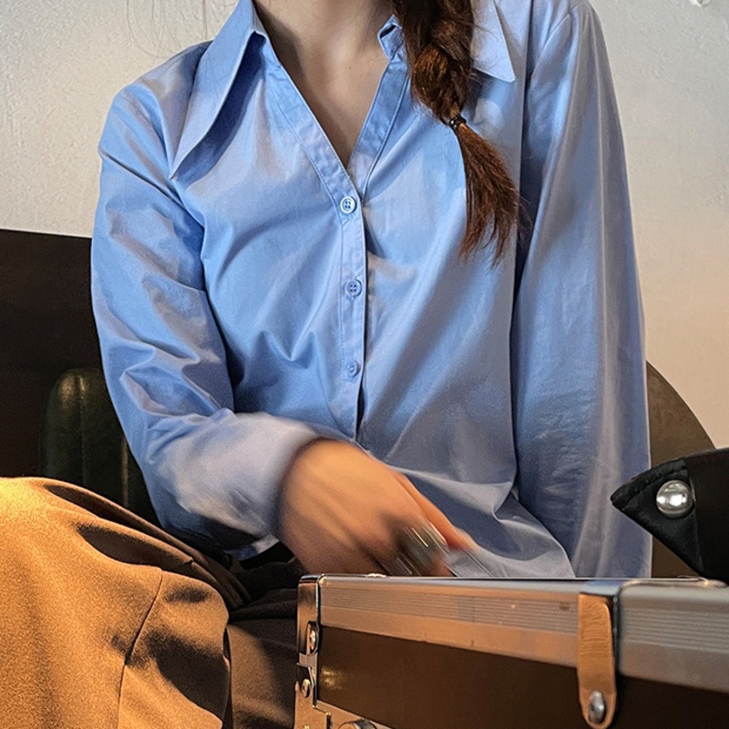 Áo Sơ Mi Nữ Tay Dài Màu Trơn Dáng Rộng Phong Cách Retro Thời Trang