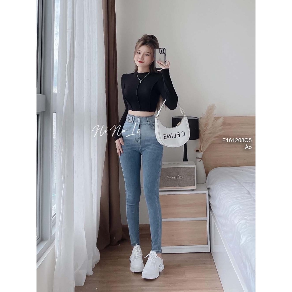 Áo thun zip đen trơn dáng croptop phối viền tay dài hàng QC!