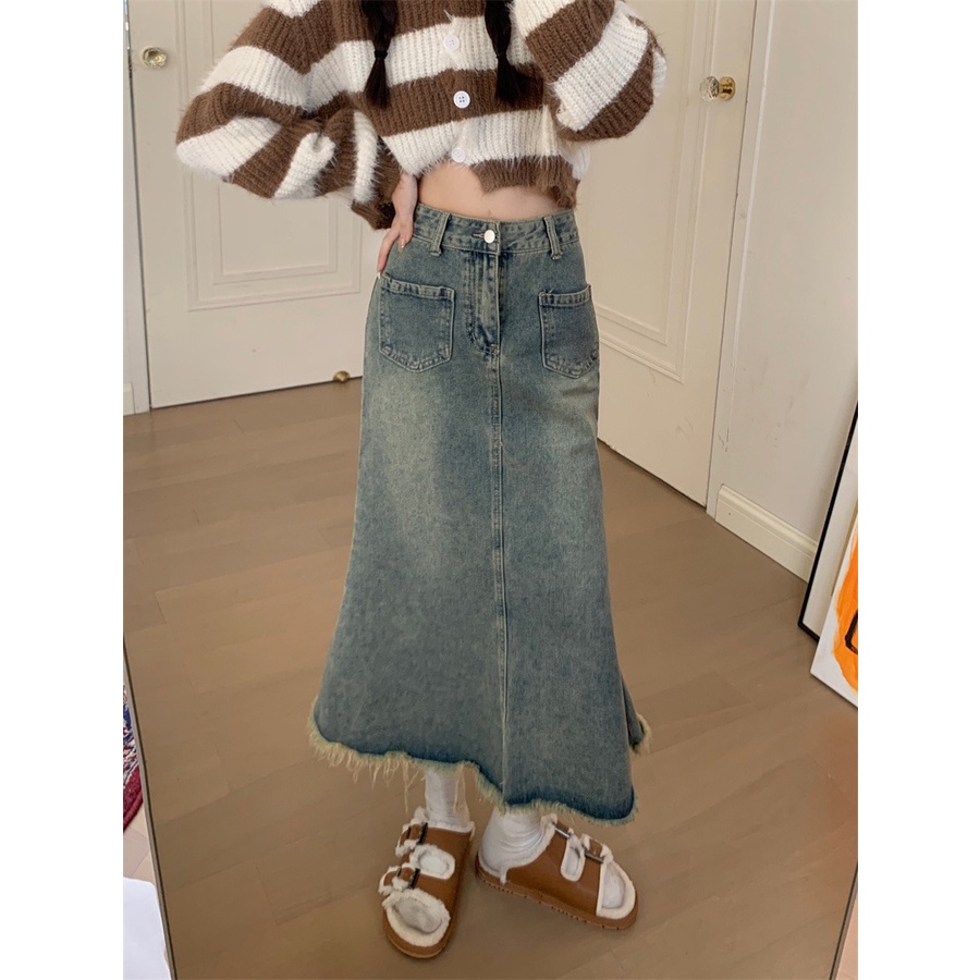 Chân váy jean đuôi cá dáng dài 2 túi ngang trước 6832/P2K3 Maia