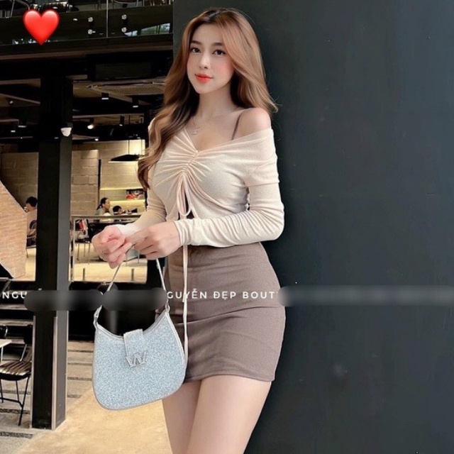 Đầm body ngắn phối khóac tay dài cánh nơ TIBU, Váy ôm dáng sexy mặc đi chơi, dự tiệc siêu xinh, tôn dáng cực đỉnh