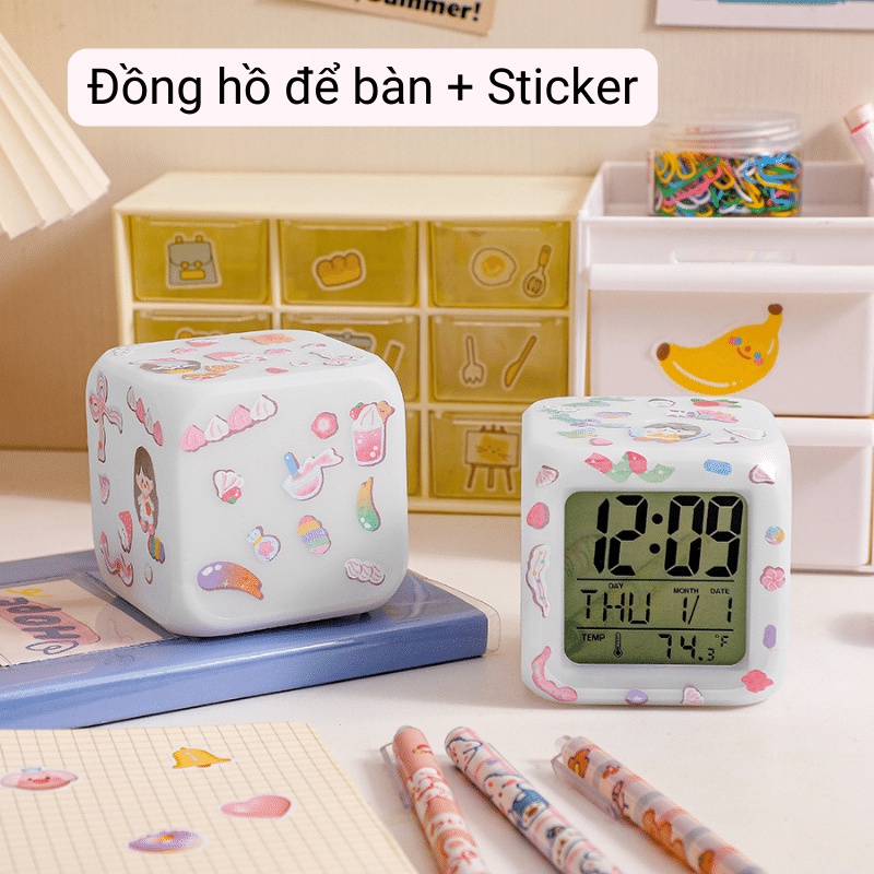 Đồng hồ LED báo thức vuông để bàn có đèn đổi màu 7 chế độ
