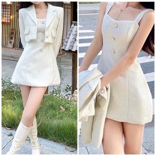 Set váy hai dây trắng kèm áo khoác