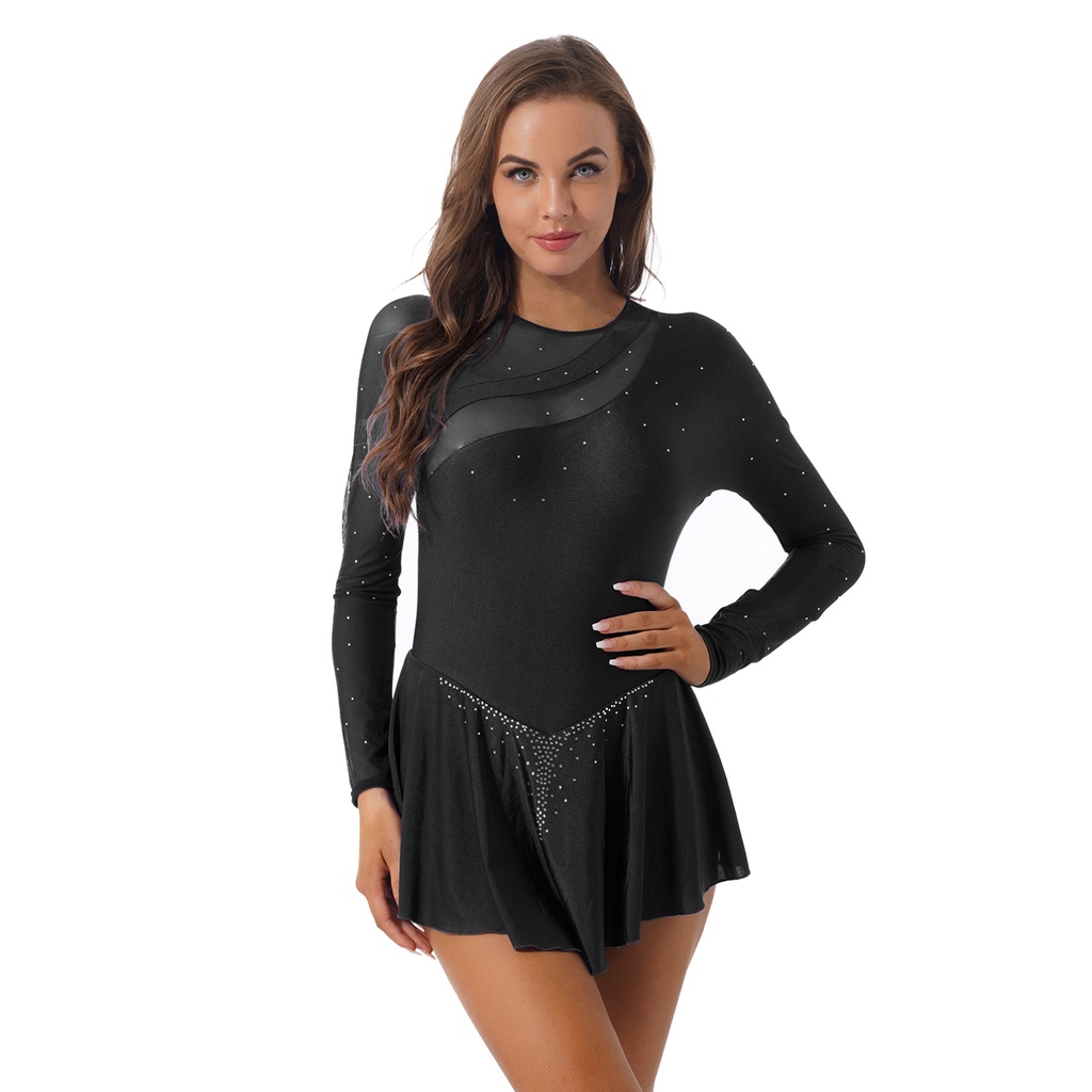 Nữ Lấp Lánh Kim Cương Giả Khiêu Vũ Xem Qua Lưới Chắp Vá Leotard Váy Hình Trượt Băng Trang Phục