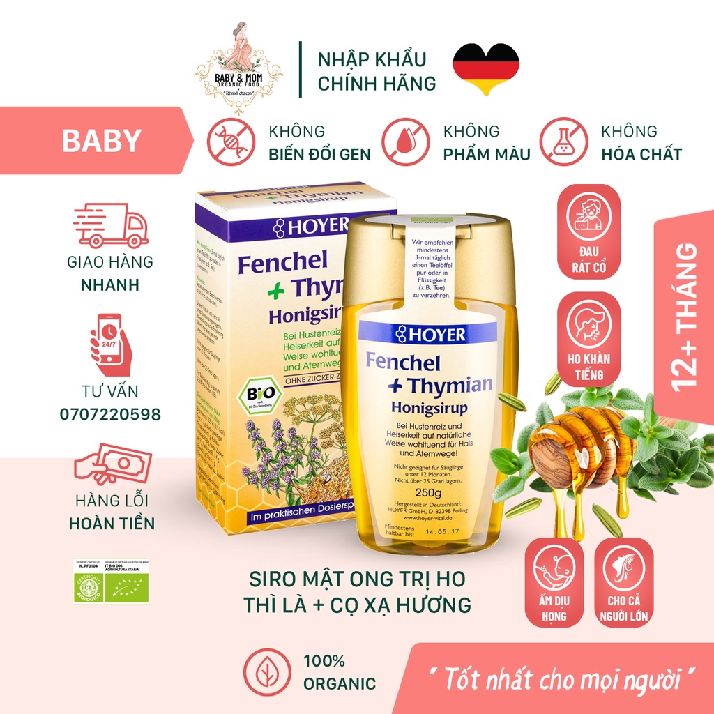 Siro mật ong hữu cơ hỗ trợ trị ho 250g Hoyer