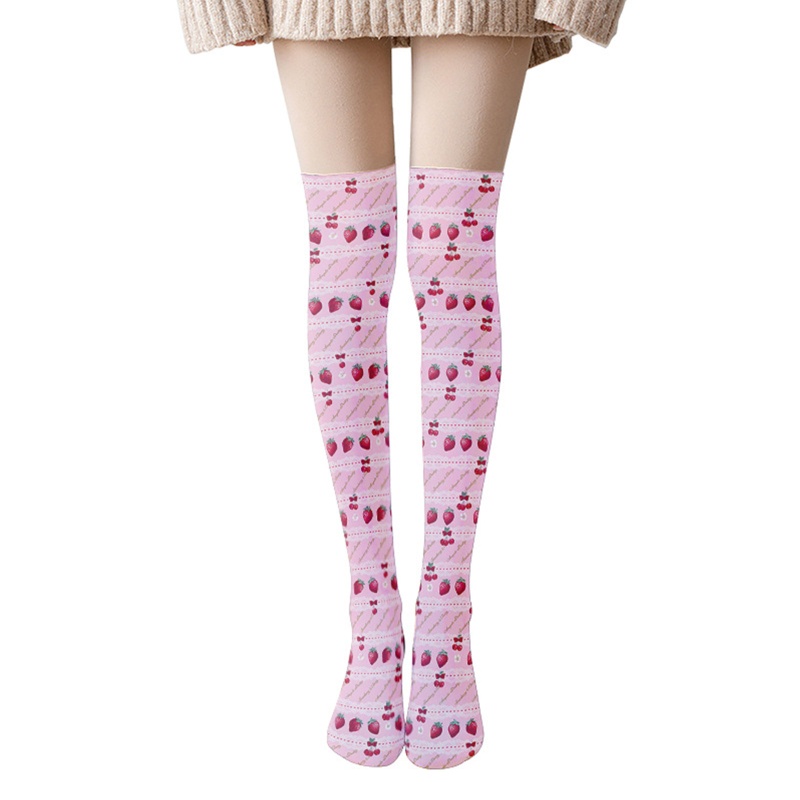 Vớ Dài Qua Gối In Họa Tiết Trái Dâu Phối Ren Phong Cách Lolita Nhật Bản Cho Nữ