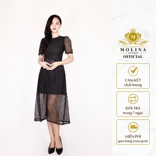 Đầm Thiết Kế Dáng Xòe Nữ Molina Tay Bo Khoét Lưng Quyến Rũ, Chất Liệu Lụa Phối Ren Cao Cấp