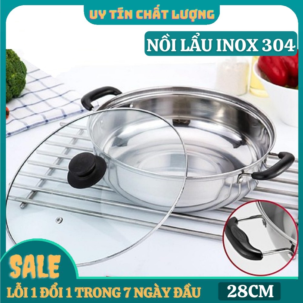 Nồi Lẩu Nắp Kính 30cm, Nồi Ăn Lẩu 1 Đáy Dùng Cho Bếp Từ Và Hồng Ngoại