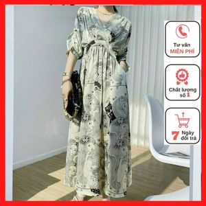 Váy đầm nữ dáng xòe eo bo thun họa tiết cô gái chất phi lụa cao cấp mặc tôn dáng