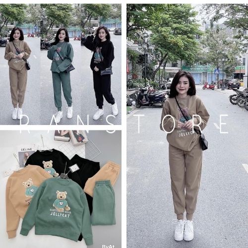 Bộ áo nỉ dáng rộng họa tiết GẤU JELLY mix quần jogger / Set đồ thể thao nam nữ mặc thu đông dễ phối đồ_ranstore