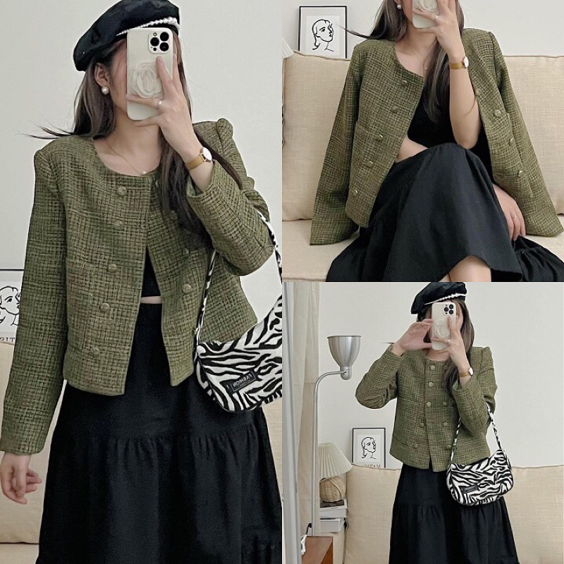 Áo tweed dạ trơn basic cài khuy dáng ngắn