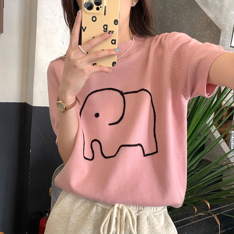 Áo Dệt Kim Tay Ngắn Dáng Ôm Thêu Họa Tiết Chú Voi Hoạt Hình Phong Cách Hàn Quốc Thời Trang Cho Nữ