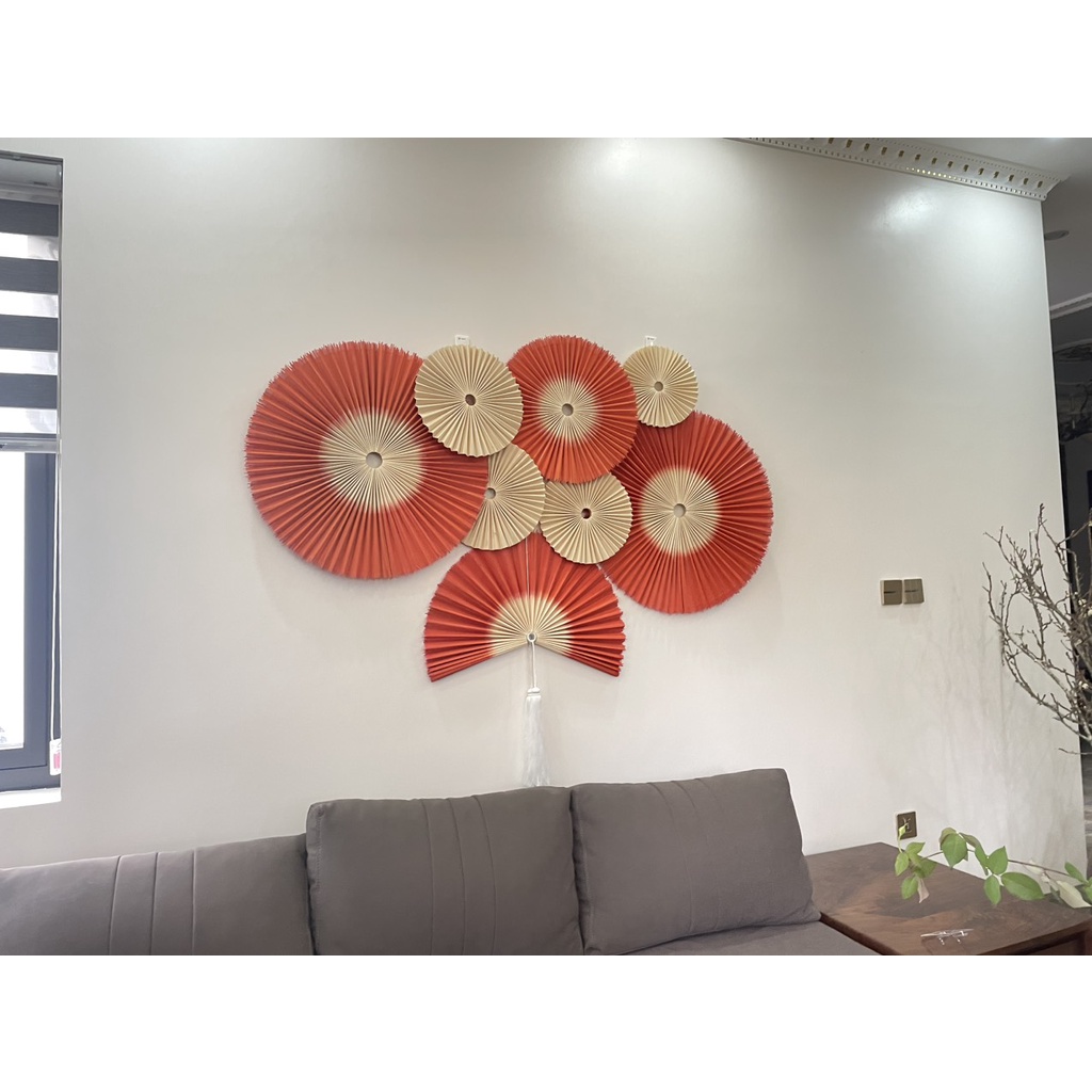 Quạt decor trang trí treo tường chất liệu mành tremàu nhúng cam, trang trí tết, size 40cm,60cm,80cm,10cm