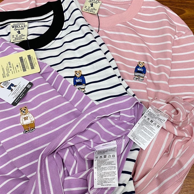 Áo thun sọc thêu logo gấu Whoau xuất Hàn