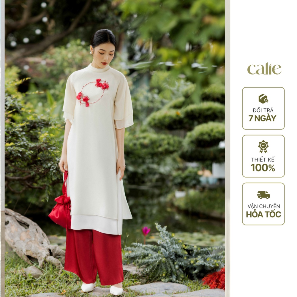 SET Áo dài thêu hoa ngực thanh lịch họa tiết thêu đính thủ công Cao Cấp Calie AD009